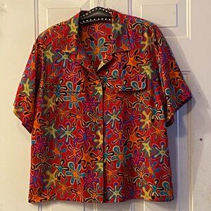 VTG Y.LE.V Sz 14 100% Silk Blouse Button Up Short Sleeve Multi Abstract Pockets